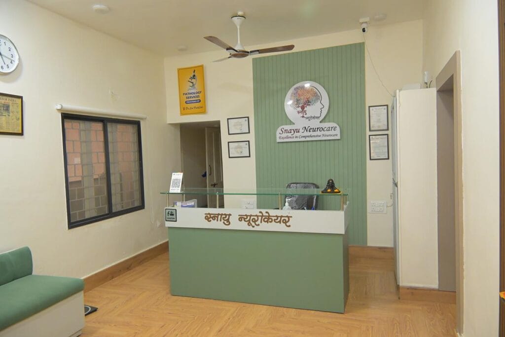 Reception desk and patient waiting area at Snayu Neurocare